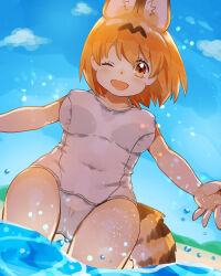 Rule 34 | 1girl, absurdres, animal ear fluff, animal ears, beach, blue sky, breasts, cat ears, covered erect nipples, eyelashes, highres, kemono friends, large breasts, looking at viewer, one-piece swimsuit, one eye closed, open mouth, orange eyes, orange hair, outstretched arms, serval (kemono friends), sky, solo, suicchonsuisui, swimsuit, tail, wading, white one-piece swimsuit