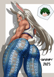 1girl 2025 absurdres animal_ears artist_name ass back bare_shoulders bell-bottoms blue_pants boku_no_hero_academia breasts clothing_cutout dark-skinned_female dark_skin forbidden_pants from_behind gloves grin highres large_breasts long_eyelashes long_hair looking_at_viewer looking_back median_furrow meme_attire midoriya_izuku mirko pants parted_bangs print_pants rabbit_ears rabbit_girl rabbit_tail red_eyes shadow sinpadart smile sports_bra tail tail_through_clothes thick_thighs thighs toned toned_female very_long_hair white_gloves white_hair white_sports_bra