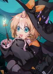 Rule 34 | 1girl, :3, animal, animal on head, black cat, black hat, black jacket, black pantyhose, black skirt, blonde hair, blue eyes, blue nails, cat, fork, glowing, guan63947624, hand on own chin, hat, highres, holding, holding fork, jacket, long sleeves, lucie (millie parfait), millie parfait, multicolored hair, nail polish, nijisanji, nijisanji en, off-shoulder jacket, off shoulder, on head, one eye closed, open mouth, orange eyes, orange sweater, pantyhose, plaid, plaid skirt, purple hair, short hair, skirt, sleeves past wrists, smile, solo, squatting, streaked hair, sweater, virtual youtuber, witch hat