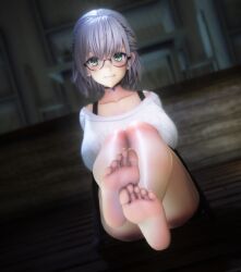 Rule 34 | 1girl, 3d, absurdres, barefoot, blush, breasts, feet, glasses, green eyes, grey hair, grin, highres, hololive, large breasts, long hair, looking at viewer, shirogane noel, silver hair, smile, soles, toes, virtual youtuber