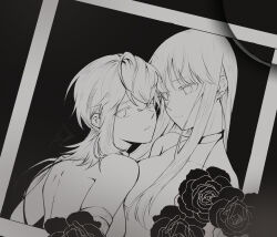 Rule 34 | 2girls, asahina yuni, bare shoulders, cheating (relationship), chinese commentary, closed mouth, commentary request, crossed bangs, earrings, flower, greyscale, hair between eyes, haoxiangkan nutong, highres, jewelry, kyou wa kanojo ga inai kara, long hair, looking at another, looking at viewer, medium hair, monochrome, multiple girls, parted lips, rose, sidelocks, sleeveless, star (symbol), star earrings, taki fuuko, upper body, yuri