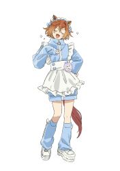 Rule 34 | :d, animal ears, apron, blue jacket, blue leg warmers, buttons, closed eyes, frilled apron, frills, full body, highres, horse ears, horse girl, horse tail, jacket, maid, maid apron, maid headdress, open mouth, orange hair, shoes, smile, solo, standing, t.m. opera o (umamusume), tail, umamusume, unconventional maid, white background, zipper