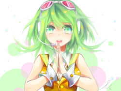 Rule 34 | 1girl, blush, crying, crying with eyes open, face, goggles, goggles on head, green eyes, green hair, gumi, headphones, headset, long hair, matching hair/eyes, ns., open mouth, shadowfire, short hair, smile, solo, tears, vocaloid, wrist cuffs