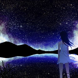 Rule 34 | 1girl, bare legs, bare shoulders, black hair, constellation, dress, feet out of frame, floating hair, from behind, grass, lake, long hair, mountain, night, night sky, original, reflection, scenery, sky, solo, star (sky), starry sky, sugi 214, white dress