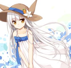 Rule 34 | 1girl, animal ears, animal hat, bare arms, bare shoulders, blue ribbon, brown hat, carrot, closed mouth, collarbone, dress, flower, hat, jitome, long hair, looking at viewer, original, rabbit ears, rabbit hat, ribbon, sleeveless, sleeveless dress, solo, sundress, v arms, very long hair, white dress, white hair, yuuhagi (amaretto-no-natsu)