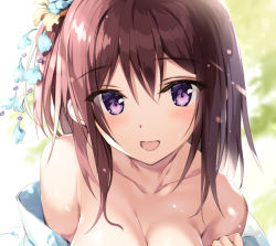 Rule 34 | 1girl, :d, akabei soft 2, backlighting, bare shoulders, blush, bosei kanojo 2 -chisei houkai-hen-, breasts, brown hair, cleavage, collarbone, day, hair ornament, japanese clothes, kanzashi, large breasts, long hair, looking at viewer, off shoulder, official art, open mouth, oryo (oryo04), purple eyes, sakurai iyo, sidelocks, smile, solo, upper body