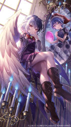 Rule 34 | 2girls, blob, blue eyes, blue hair, book, boots, braid, brown footwear, crossed legs, doremy sweet, dream soul, dress, feathered wings, from below, hair between eyes, hat, highres, holding, holding book, jacket, kishin sagume, knee boots, knees, legs, long sleeves, mirror, misekiss, multiple girls, nightcap, nightgown, official art, open clothes, open jacket, parted lips, pom pom (clothes), purple dress, red eyes, red headwear, short hair, single wing, tail, tapir tail, thighs, touhou, touhou arcadia record, white hair, white jacket, white wings, wings