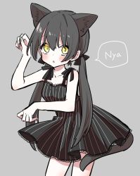 Rule 34 | 1girl, adapted costume, animal ears, bare arms, bare shoulders, black bow, black dress, black hair, black leopard (kemono friends), blush, bow, commentary request, cowboy shot, dress, extra ears, frilled dress, frills, hair bow, hair tie, highres, kemono friends, leopard ears, leopard tail, long hair, nyan, paw pose, petit ramune, pleated dress, sleeveless, solo, spaghetti strap, speech bubble, tail, twintails, yellow eyes