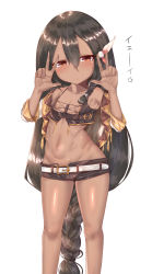 Rule 34 | 1girl, absurdres, aged down, azur lane, bare legs, bare shoulders, belt, black hair, braid, breasts, child, crop top, dark-skinned female, dark skin, detached sleeves, double w, female focus, hair between eyes, hair ornament, highres, legs apart, long hair, looking at viewer, makano mucchi, midriff, navel, shiny skin, short shorts, shorts, simple background, small breasts, solo, south dakota (azur lane), standing, star (symbol), text focus, very long hair, w, white background