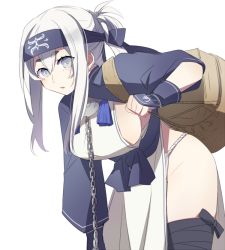 Rule 34 | 1girl, ainu clothes, bandana, blue eyes, breasts, cropped jacket, dress, folded ponytail, hair between eyes, headband, kamoi (kancolle), kantai collection, large breasts, long hair, long sleeves, looking at viewer, mita (matsuri68), open mouth, sideboob, sidelocks, simple background, sleeveless, sleeveless dress, solo, thick eyebrows, thighhighs, thighs, white dress, white hair, wrist guards
