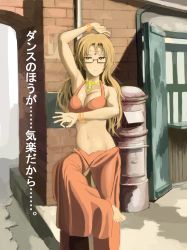Rule 34 | 1girl, 5pb., alternate costume, barefoot, belly dancer, bracelet, circlet, dancing, glasses, highres, india, jewelry, kiryuu moeka, lots of jewelry, midriff, navel, nitroplus, science adventure, stance, steins;gate, traditional clothes, translation request