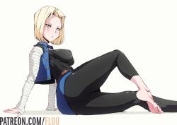 Rule 34 | 1girl, android 18, barefoot, blonde hair, blue eyes, blush, breasts, cameltoe, dragonball z, covered erect nipples, feet, looking at viewer, medium hair, parted lips, soles, toes