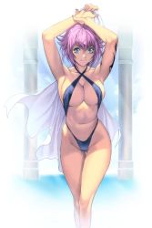 Rule 34 | 1girl, armpits, arms up, bikini, blue eyes, breasts, cleavage, clothes, criss-cross halter, curvy, demons code, fighter (demons code), groin, halterneck, halterneck, highleg, highleg swimsuit, holding, homare (fool&#039;s art), large breasts, navel, outstretched arms, pillar, pink hair, short hair, slingshot swimsuit, smile, solo, swimsuit, tattoo, towel