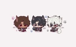 3boys animal_ears animal_nose black_hair brown_hair chibi chibi_only company_connection crossover full_body furry furry_male gallagher_(honkai:_star_rail) genshin_impact grey_eyes grey_hair highres honkai:_star_rail honkai_(series) kemonomimi_mode lars_(larzuen) multicolored_hair multiple_boys multiple_crossover necktie pants red_eyes shirt sitting tail tan two-tone_hair vest von_lycaon white_hair wolf_boy wolf_ears wolf_tail wriothesley_(genshin_impact) zenless_zone_zero