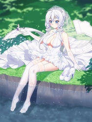 1girl aircraft airplane azur_lane bad_id bad_pixiv_id bare_shoulders blue_eyes blush breasts bridal_veil bride cang_se_ye_hua cleavage cleavage_cutout clothing_cutout dress female_focus full_body garter_straps gloves grass highres illustrious_(azur_lane) illustrious_(morning_star_of_love_and_hope)_(azur_lane) large_breasts long_hair outdoors sitting smile soaking_feet solo thighhighs tiara twintails veil water wedding_dress white_gloves white_hair white_thighhighs