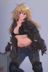 Rule 34 | 1girl, absurdres, belt, black bra, blonde hair, blue pants, bra, breasts, brown gloves, cleavage, closed mouth, collarbone, collared jacket, commentary, dorohedoro, english commentary, firoro, gloves, grey background, grey jacket, hair between eyes, highres, holding, jacket, knee pads, lips, long hair, looking at viewer, medium breasts, messy hair, navel, nikaidou (dorohedoro), open clothes, open jacket, pants, pocket, red eyes, simple background, smile, solo, standing, stomach, underwear