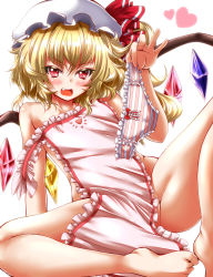Rule 34 | 1girl, apron, bare shoulders, barefoot, blush, fang, feet, flandre scarlet, hat, highres, holding, holding clothes, holding panties, holding underwear, naked apron, open mouth, panties, red eyes, short hair, smile, solo, spread legs, striped clothes, striped panties, touhou, underwear, unworn panties, zan (harukahime)