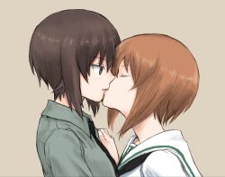 Rule 34 | 10s, 2girls, brown eyes, brown hair, closed eyes, girls und panzer, hand on another&#039;s shoulder, height difference, incest, kiss, looking at another, multiple girls, mutsu (layergreen), necktie, nishizumi maho, nishizumi miho, sailor collar, school uniform, short hair, siblings, sisters, tan background, upper body, yuri
