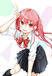 Rule 34 | 1girl, absurdres, ayasaki remi, black socks, bow, bowtie, collarbone, grey skirt, hand up, highres, hori-san to miyamura-kun, katagiri senior high school uniform, leaning forward, long hair, looking at viewer, open mouth, pink hair, red bow, red bowtie, red eyes, sahara386, school uniform, shirt, skirt, socks, solo, twintails, v, white shirt