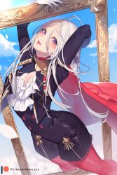 Rule 34 | 1girl, antenna hair, ascot, breasts, cape, edelgard von hresvelg, fire emblem, fire emblem: three houses, framed, gloves, hair ornament, hair ribbon, long hair, looking at viewer, nanoless, nintendo, pantyhose, patreon username, picture frame, purple eyes, red cape, red pantyhose, ribbon, simple background, smile, solo, uniform, white gloves, white hair