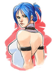 Rule 34 | 1girl, arika, armlet, back, bare shoulders, blair dame, blue hair, boots, breasts, capcom, from behind, green (g1138), green eyes, greenmarine, large breasts, leotard, lips, nose, solo, street fighter, street fighter ex (series), upper body
