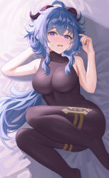 Rule 34 | 1girl, absurdres, ahoge, arm behind head, bare arms, bed sheet, blue hair, blush, bodystocking, breasts, curled horns, ganyu (genshin impact), genshin impact, goat horns, gompu, highres, horns, large breasts, legs up, long hair, looking at viewer, lying, no shoes, on back, open mouth, purple eyes, sidelocks, solo, sweatdrop
