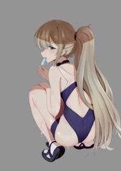 Rule 34 | 1girl, ass, bare arms, bare shoulders, black choker, blue eyes, blue one-piece swimsuit, blush, choker, fate (series), food, from behind, full body, grey background, holding, holding food, long hair, lord el-melloi ii case files, one-piece swimsuit, ponytail, reines el-melloi archisorte, shoes, simple background, swimsuit, teeth, xinmo sana