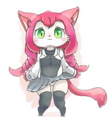 Rule 34 | 1girl, :3, animal ears, black shirt, black thighhighs, blush, braid, breasts, cameltoe, cat busters, cat ears, cat tail, closed mouth, clothes lift, female focus, full body, furry, furry female, green eyes, grey skirt, happy, jacket, long hair, long sleeves, looking at viewer, medium breasts, miniskirt, neko hakase (cat busters), nose blush, nousen, panties, pink hair, pleated skirt, shirt, simple background, skirt, skirt lift, smile, solo, standing, tail, thighhighs, twin braids, twintails, underwear, whiskers, white background, white jacket, white panties, wind, wind lift
