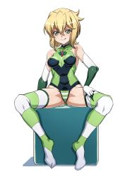 Rule 34 | 1girl, akatsuki kirika, blonde hair, blush, breasts, closed mouth, commentary request, covered erect nipples, covered navel, elbow gloves, gloves, green eyes, green leotard, hair ornament, highres, leotard, looking at viewer, medium breasts, senki zesshou symphogear, shiny clothes, shiny skin, short hair, sitting, skin tight, smile, solo, spread legs, striped clothes, striped thighhighs, syunzou, thighhighs, thighhighs pull, x hair ornament