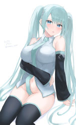 Rule 34 | absurdres, aqua hair, aqua necktie, arm support, blue eyes, blush, boots, breasts, hatsune miku, highres, large breasts, long hair, looking at viewer, necktie, no panties, onemuikun-b, open mouth, simple background, sitting, sleeveless, thigh boots, twintails, very long hair, vocaloid, white background