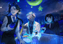 Rule 34 | 3boys, alcohol, black hair, black nails, black sclera, blue eyes, blue hair, blue nails, blue neckwear, blue tongue, bottle, colored sclera, colored tongue, crescent, cup, dark-skinned male, dark skin, facial mark, fangs, gisi (mountain of heaven), hair ornament, hairclip, hat, highres, imacomai, indoors, long hair, multicolored hair, multiple boys, nail polish, pixiv fantasia, pixiv fantasia mountain of heaven, pointy ears, red eyes, sitting, star (symbol), tiramisu (mountain of heaven), two-tone hair, vest, white hair, wine bottle, yellow eyes