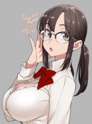 Rule 34 | 1girl, 2021, agawa ryou, artist name, breasts, brown eyes, brown hair, commentary, dated, glasses, grey background, large breasts, looking at viewer, open clothes, open shirt, original, parted lips, signature, simple background, solo