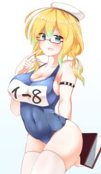 Rule 34 | 1girl, aqua background, arm behind back, blonde hair, blue eyes, blush, breasts, cleavage, collarbone, covered navel, cowboy shot, finger to mouth, glasses, gradient background, hair between eyes, hat, highres, i-8 (kancolle), kantai collection, large breasts, low twintails, name tag, one-piece swimsuit, open mouth, peaked cap, pia (botamochinjufu), red-framed eyewear, sailor hat, school swimsuit, semi-rimless eyewear, solo, swimsuit, thighhighs, tri tails, twintails, under-rim eyewear, white thighhighs
