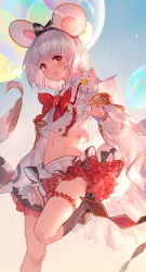 Rule 34 | 1girl, animal, animal ears, black socks, bow, bowtie, brooch, crop top, crop top overhang, fake animal ears, granblue fantasy, groin, hairband, heart, heart brooch, highres, jewelry, kneehighs, leg up, long sleeves, looking at viewer, midriff, miniskirt, mouse (animal), mouse ears, navel, red eyes, shirt, shoes, short hair, silver hair, skirt, socks, solo, stomach, swd3e2, thigh strap, vikala (granblue fantasy), white shirt, white skirt, wide sleeves