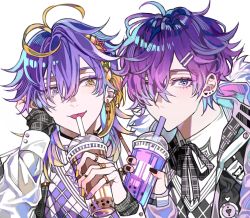 Rule 34 | 2boys, ahoge, aster arcadia, blonde hair, bubble tea, cup, disposable cup, drink, drinking, drinking straw, drinking straw in mouth, earrings, hair between eyes, hair ornament, hair over one eye, hairpin, heart, heart earrings, heterochromia, highres, holding, holding cup, holding drink, jewelry, kuren 0x, long sleeves, looking at viewer, male focus, multicolored hair, multiple boys, multiple rings, nail polish, nijisanji, nijisanji en, one eye covered, plaid, purple eyes, purple hair, purple nails, purple theme, ring, tongue, tongue out, uki violeta, virtual youtuber, yellow eyes, yellow nails