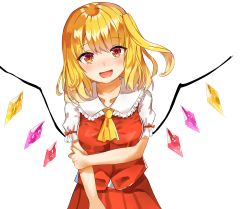 Rule 34 | 1girl, alternate breast size, alternate hair length, alternate hairstyle, arm across chest, ascot, blonde hair, blush, breasts, commentary, flandre scarlet, head tilt, highres, holding own arm, kiui (dagk8254), looking at viewer, medium breasts, medium hair, no headwear, open mouth, puffy short sleeves, puffy sleeves, red eyes, red skirt, red vest, shirt, short sleeves, side ponytail, simple background, skirt, solo, standing, touhou, upper body, vest, white background, white shirt, wings, yellow ascot