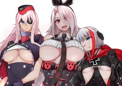 Rule 34 | 3girls, :d, :o, ;o, admiral graf spee (azur lane), anchor symbol, azur lane, bare shoulders, black dress, black gloves, black hairband, black neckwear, black skirt, blue eyes, breasts, clothing cutout, collared shirt, commentary request, crop top, cross, dress, eyepatch, eyes visible through hair, garrison cap, gloves, hair between eyes, hair over one eye, hairband, hand on another&#039;s head, hand on another&#039;s shoulder, hat, height difference, high-waist skirt, highres, iron blood (emblem), iron cross, jacket, large breasts, long hair, long sleeves, looking at another, looking at viewer, marshall k, medium breasts, mole, mole under eye, multicolored clothes, multicolored hair, multicolored jacket, multiple girls, necktie, neckwear between breasts, o-ring, one eye closed, open clothes, open jacket, open mouth, parted bangs, pink hair, prinz heinrich (azur lane), purple jacket, red eyes, red hair, red scarf, ribbed shirt, scarf, scharnhorst (azur lane), shirt, short hair, short sleeves, sidelocks, silver hair, simple background, skirt, smile, standing, streaked hair, trait connection, underboob, underboob cutout, upper body, very long hair, white background, white shirt