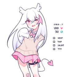 Rule 34 | demon girl, highres, hyuni (hyunicat), original, owl girl, pink eyes, pink hair, school uniform, solo, strip game, tail, thigh strap, white hair