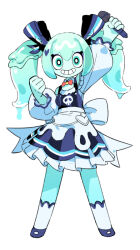 Rule 34 | 1girl, apron, arm up, back bow, blue hair, bow, bowtie, clenched hands, colored skin, donuttypd, dress, dripping, frills, full body, gelatina (inferno cafe), green eyes, green hair, green skin, hair ornament, hair ribbon, hands up, heart, heart hair ornament, holding, holding microphone, idol, inferno cafe, large bow, long sleeves, looking at viewer, mary janes, microphone, monster girl, multicolored hair, multicolored skin, open mouth, puffy long sleeves, puffy sleeves, purple footwear, red bow, red bowtie, ribbon, shoes, skull, slime girl, smile, socks, standing, striped clothes, striped dress, striped ribbon, teeth, transparent, twintails, vertical-striped clothes, vertical-striped dress, waist apron, white apron, white bow, white dress, white socks