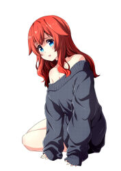 Rule 34 | 1girl, black sweater, blue eyes, choker, commentary request, highres, kouji (campus life), long hair, long sleeves, looking at viewer, off-shoulder sweater, off shoulder, open mouth, original, red hair, sitting, sleeves past wrists, smile, solo, sweater, upper body, white background