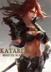Rule 34 | 1girl, belt, black gloves, bracelet, breasts, character name, chromatic aberration, cleavage, collarbone, cropped jacket, dagger, gloves, hair between eyes, hand on own hip, jewelry, katarina (league of legends), knife, league of legends, lips, lipstick, long hair, looking at viewer, makeup, midriff, navel, oreki genya, red hair, ruffling hair, scar, short sleeves, solo, spiked bracelet, spikes, weapon, wrist cuffs, yellow eyes