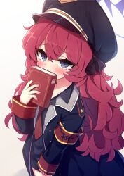 Rule 34 | 1girl, armband, black hat, black jacket, black shirt, blue archive, blush, book, collared shirt, cowboy shot, hair between eyes, halo, hat, holding, holding book, iroha (blue archive), jacket, lolikaku, long hair, long sleeves, open clothes, open jacket, peaked cap, purple eyes, purple halo, red armband, red hair, shirt, simple background, solo, white background