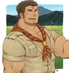 Rule 34 | 1boy, alternate costume, bara, bare pectorals, beige shirt, body hair, brown hair, bursting pectorals, chest hair, collared shirt, cross scar, facial hair, houzouin oniwaka, large pectorals, long sideburns, looking at viewer, male focus, mountain, muscular, open clothes, open mouth, open shirt, partially unbuttoned, pectoral cleavage, pectorals, petals, sailor collar, scar, scar on face, scar on forehead, shirt, short hair, sideburns, simple background, solo, stubble, thick eyebrows, tokyo houkago summoners, upper body, yanutorie