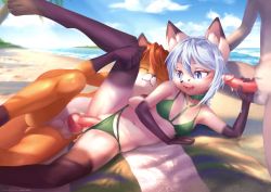 Rule 34 | 1girl, 2boys, :3, absurdres, ahoge, ancesra, animal ear fluff, animal ears, animal hands, animal nose, animal penis, arm support, arm up, artist name, bare shoulders, barefoot, beach, beach towel, bikini, bikini bottom aside, black fur, blue eyes, blue hair, blue sky, blurry, blurry background, blush, body fur, breasts, celierra (lurkingfox), claws, clitoral hood, closed eyes, clothed female nude male, clothing aside, cloud, collar, collarbone, commission, completely nude, cum, cum in pussy, cum on hands, dappled sunlight, day, ejaculation, erection, facial mark, fox boy, fox ears, fox girl, fox tail, furry, furry female, furry male, furry with furry, green bikini, grey fur, group sex, hand up, handjob, happy, head out of frame, hetero, highres, horizon, huge filesize, knotted penis, leg lift, leg up, light blush, light rays, looking down, lying, mmf threesome, multiple boys, navel, nude, o-ring, o-ring bikini, ocean, on one knee, on side, open mouth, orange fur, orange hair, orgasm, original, outdoors, palm tree, parted lips, patreon username, penis, pussy, sand, sex, short hair, sidelocks, sky, small breasts, smile, snout, solo focus, spread legs, stomach, sunlight, swimsuit, tail, teeth, testicles, threesome, tongue, towel, tree, two-tone fur, uncensored, vaginal, water, watermark, web address, white fur