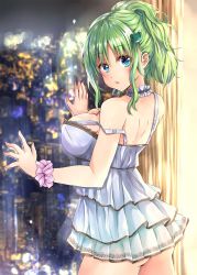 Rule 34 | 1girl, alternate costume, alternate hairstyle, ass, blue eyes, blush, breasts, choker, cityscape, commentary request, cowboy shot, curtains, dress, frilled choker, frills, frog hair ornament, fule, green hair, hair ornament, highres, indoors, kochiya sanae, large breasts, layered dress, looking at viewer, looking back, microdress, parted lips, ponytail, short dress, short hair, short ponytail, sidelocks, solo, spaghetti strap, strap slip, touhou, white dress, window, wrist cuffs