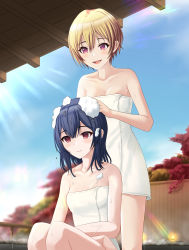 Rule 34 | 2girls, absurdres, bag, blonde hair, blue hair, blue sky, breasts, cleavage, closed mouth, collarbone, day, hair between eyes, highres, idolmaster, idolmaster shiny colors, morino rinze, multiple girls, naked towel, outdoors, red eyes, saijo juri, short hair, sitting, sky, small breasts, smile, standing, sunlight, t.r, towel, washing hair, white towel