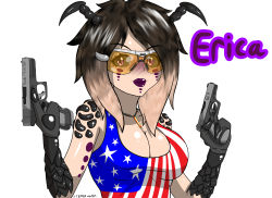Rule 34 | absurdres, antennae, arthropod girl, blonde hair, breasts, brown hair, bullet, cpt.tester works, erica (cpt.tester), glasses, glock, gun, hair ornament, hairclip, handgun, highres, jewelry, large breasts, lipstick, looking at viewer, makeup, multicolored hair, necklace, purple eyes, tank top, tattoo, weapon
