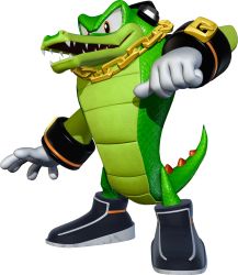 Rule 34 | 1boy, 3d, absurdres, full body, gloves, headphones, highres, male focus, reptile, sega, solo, sonic (series), standing, transparent background, vector the crocodile, yellow eyes