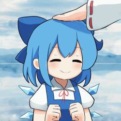 Rule 34 | 2girls, animated, animated gif, blue bow, blue hair, bow, cirno, closed eyes, closed mouth, ferdy&#039;s lab, hair bow, hakurei reimu, headpat, ice, ice wings, looping animation, multiple girls, outdoors, short hair, short sleeves, smile, solo focus, touhou, upper body, wings