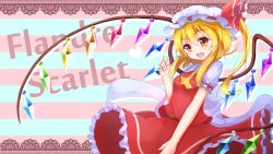 Rule 34 | 1girl, ascot, blonde hair, character name, fang, flandre scarlet, hat, hat ribbon, highres, looking at viewer, mob cap, open mouth, puffy short sleeves, puffy sleeves, ribbon, shirt, short sleeves, side ponytail, skirt, skirt set, smile, solo, striped, striped background, touhou, vest, wings, yellow eyes, ymd (holudoun)